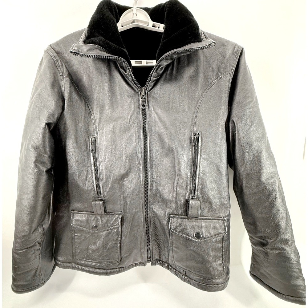 WILDA Genuine Leather Jacket Womens Medium Fur Collar Black Moto Biker Bomber